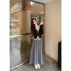 Black fake two V-neck long-sleeved T-shirt for women's spring and summer new bow, thin and can be worn outside, with a short top inside.
