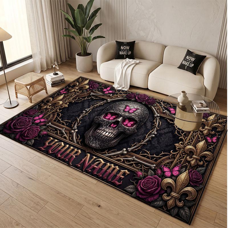 Skull Gothic Theme Soft Crystal Velvet Rug Custom Name & Text Print Non Slip Floor Rug for Bedroom Living Room
