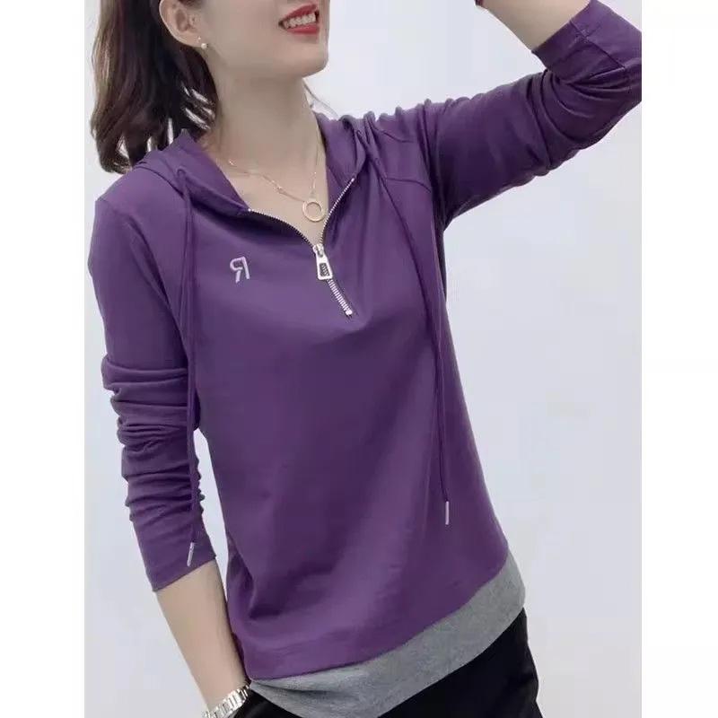 Half-zipper Hooded Long-sleeved Foreign-style Spring and Autumn Top Splicing Color Fake Two-piece T-shirt Women