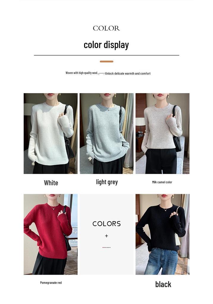 100% Wool Round Neck Long Sleeve Women's Solid Twill Ribbed Base Layer Top - 2026 Autumn/Winter Collection