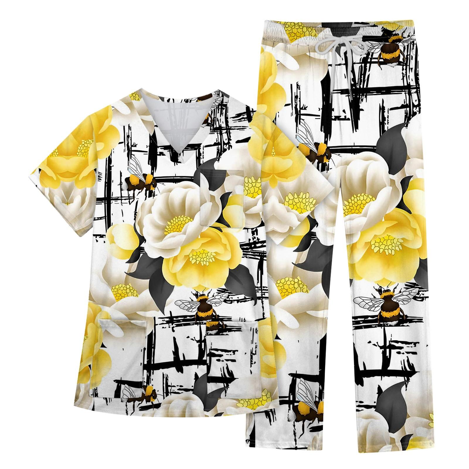 

Женский рабочий топ с короткими рукавами и v-образным вырезом с животным принтом, нагрудный карман, рабочий топ, брюки с эластичной резинкой на талии, рабочий комплект из двух предметов XXXXXL жёлтый