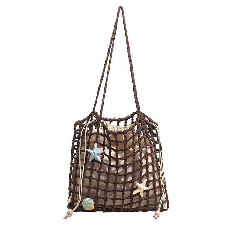 Summer vacation drawstring lined fishing net woven bag