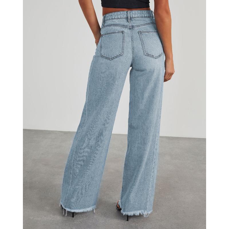 Neue Damen Vintage Gewaschene Gerade Bein Jeans, Lockere Passform Breite Beine Bodenlange Denim Hosen für Lässige Streetwear