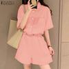 ZANZEA Women Summer Turn Down Collar Short Sleeve Drawstring Jumpsuits Overalls