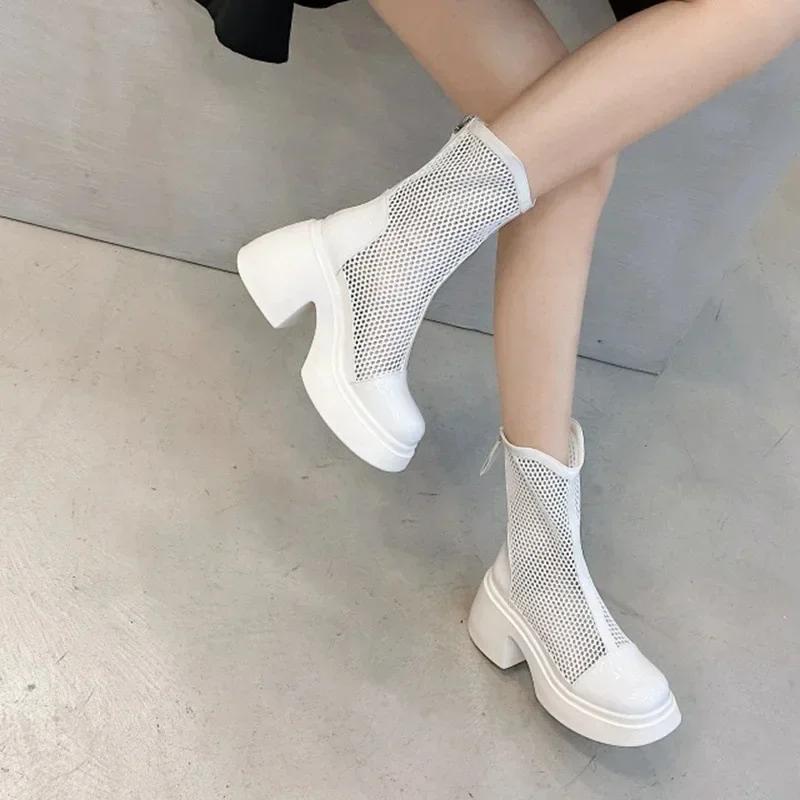 2026 Summer New Fashion round Head High Heel Waterproof Platform Thick Bottom Short Boots Mesh Casual Women's Boots round Toe