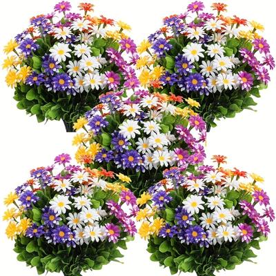 10 Bunches of Outdoor Artificial Flowers, Plastic Flower Decorations, Daisy Imitation Flower Bouquets, Uv-Resistant Artificial Flower Shrubs