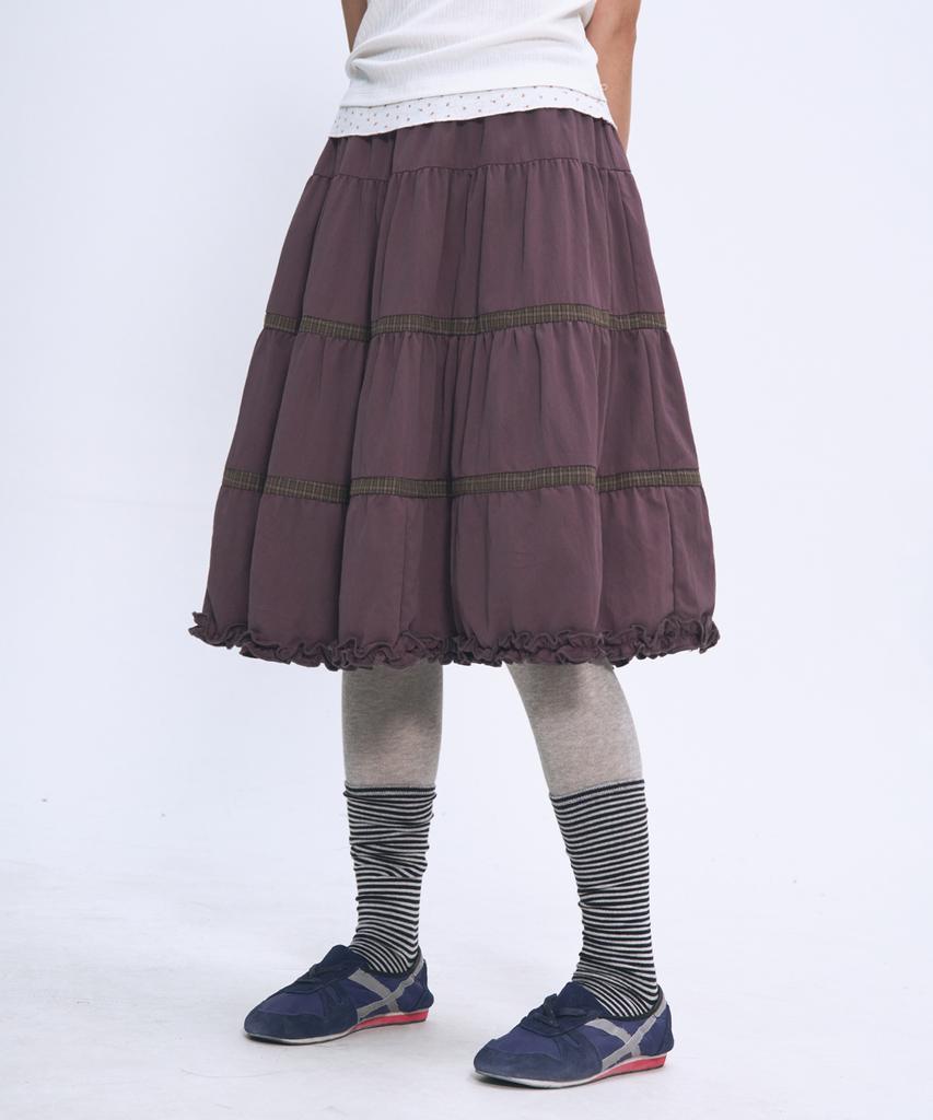 Some Place Check Color Block Frill Point Voluminous Flare Tiered Midi Skirt [Purple]