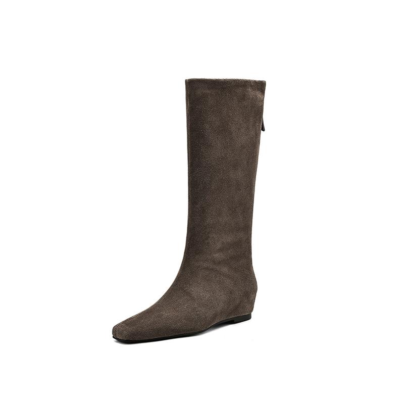 Fashion 2025 New Autumn Knee-high Boots Cow Suede Leather Women Shoes Square Toe Slip-on Western Modern Boots Height Increase Long Boots