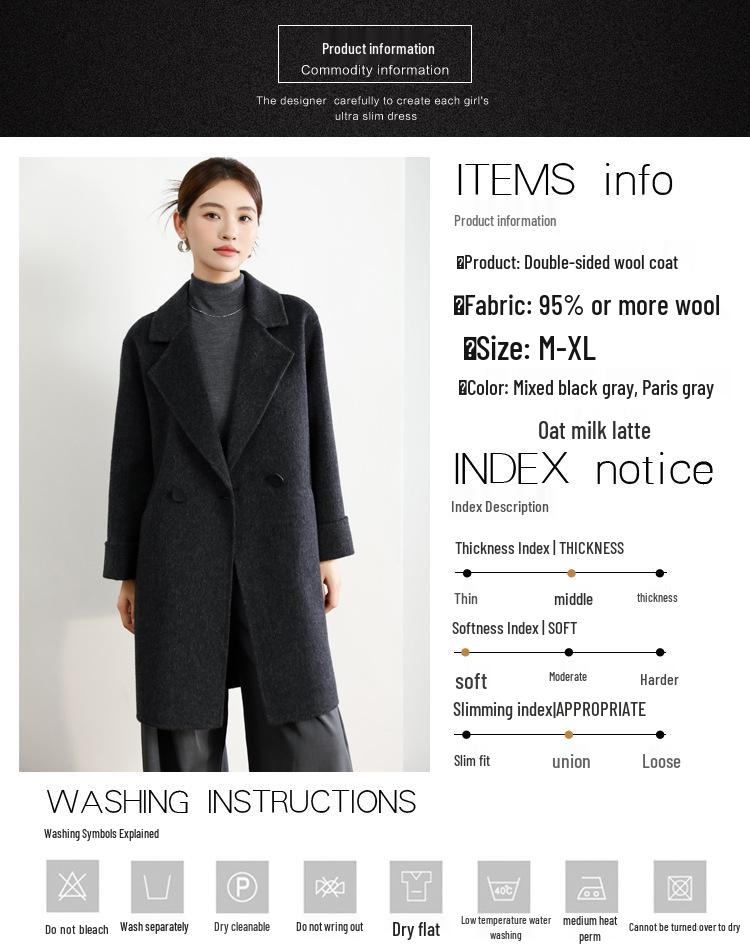 Women's Mid-Length Black Double-Faced Cashmere Wool Coat - 2025 Autumn/Winter Collection