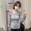 Spice Girl Pure Desire One-word Shoulder Top Bottoming Shirt Split Design Off-shoulder Sexy Tight Flared Sleeve Knitted Sweater