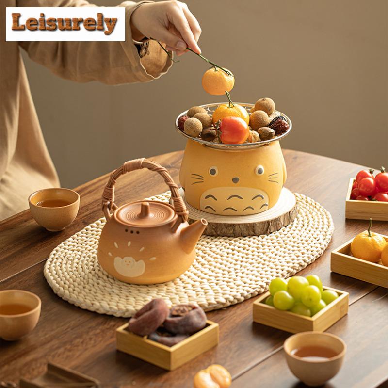 Cute Cat Coarse Pottery Roasted Tea Kettle Winter Tea Brewing Around The Stove Candle Warmer Milk Tea Jar Side Handle Pot Base