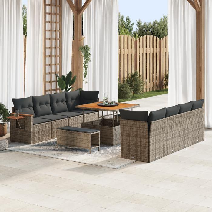 Ensemble de Canapés de Jardin de 11 Pièces avec Coussins Gris Rattan Poly Acacia, Ensemble de salle à manger de jardin 3363158