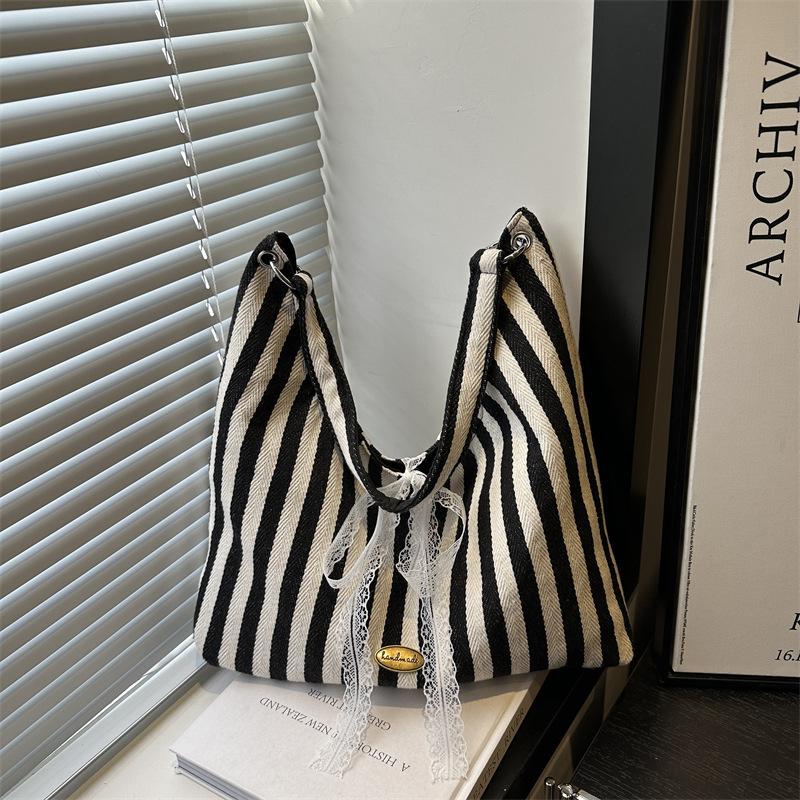 Korean Ins Striped Canvas Tote Bag Women's 2025 New Large-capacity Shoulder Underarm Bag Commuter Handbag