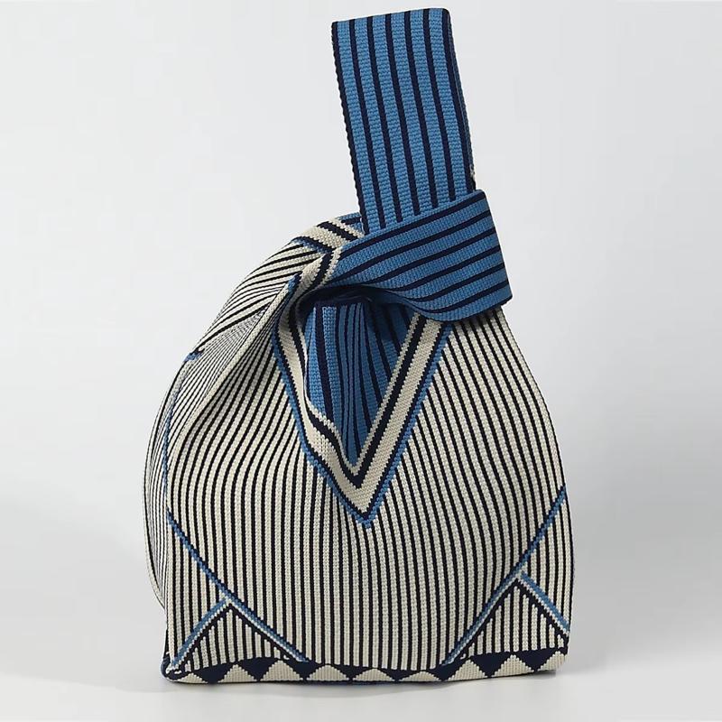 Geometric Striped Knit Mini Handbag Women Fashion Reusable Wrist Tote Bag Lightweight for Daily Use Shopping Gifts
