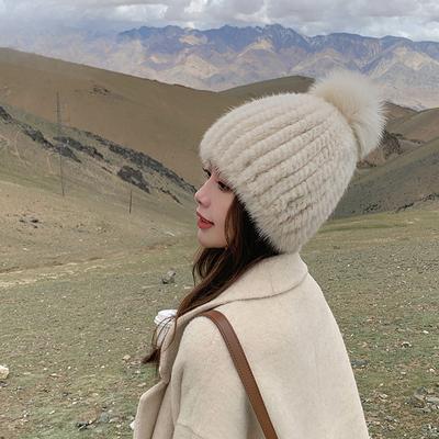 Real Mink Fur Hat For Women New Brand Thicken Female Fur Caps Ladies Winter Knitted Mink Fur Beanies With Fox Fur Pompoms Hat