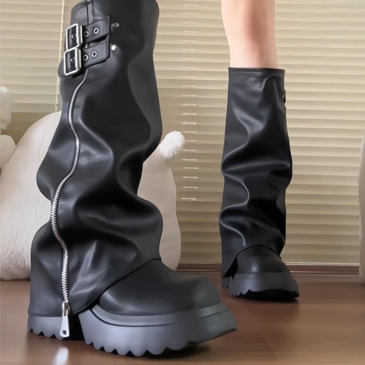 Yueyu großköpfige Hosenstiefel Blockabsatz Damen 2025 Herbst und Winter dicksohlige erhöhende Westernstiefel aber kniehohe Reiterstiefel
