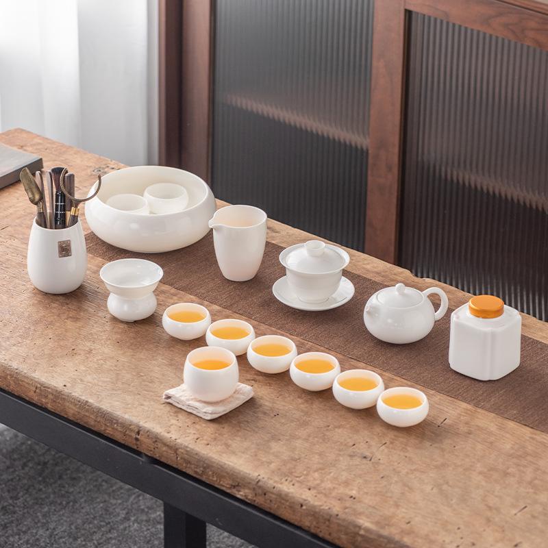 Light Luxury Suet Jade Porcelain Kung Fu Tea Set Gift Box Boutique Real Estate Insurance Bank Business Commemorative Gift Formulation