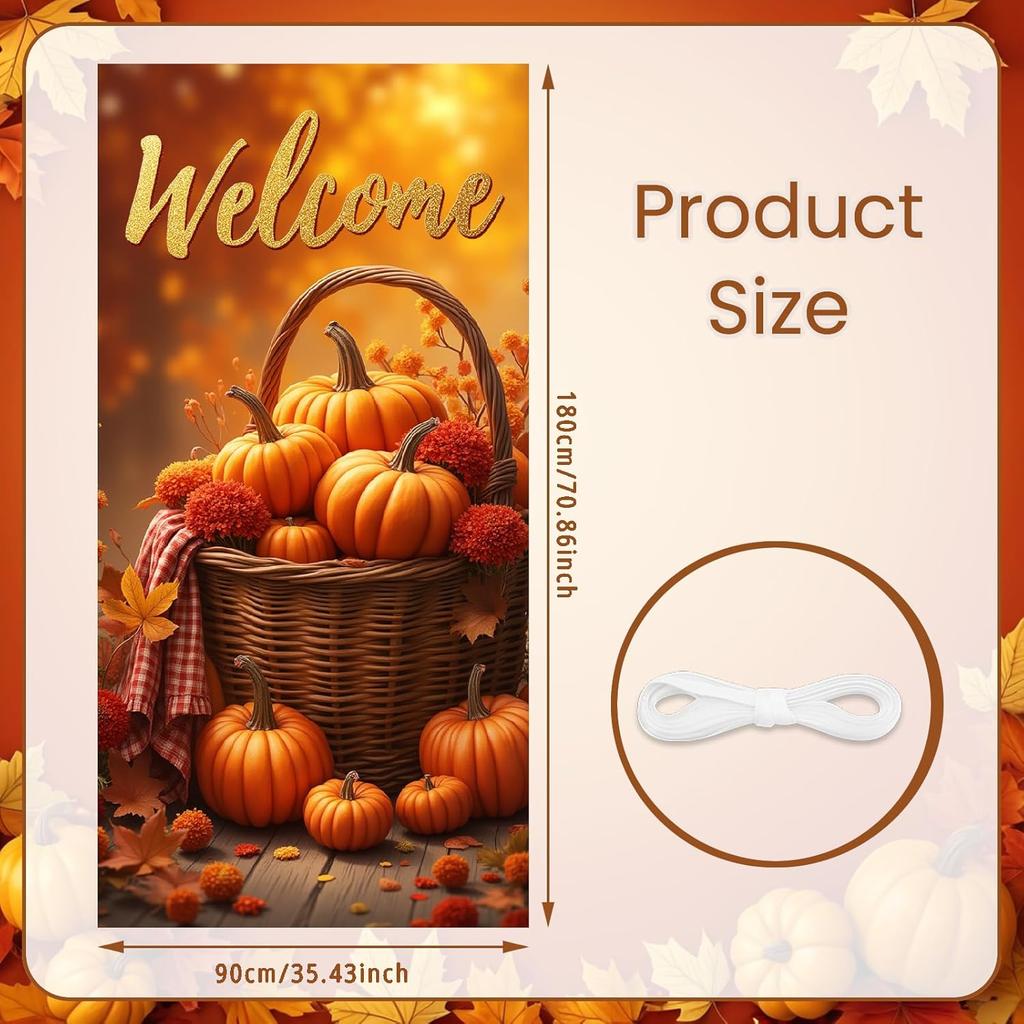 Fall Door Cover, Welcome Autumn Photo Backdrop Happy Fall Door Banner Pumpkin for Farmhouse Autumn Thanksgiving Harvest Festival Decorations and