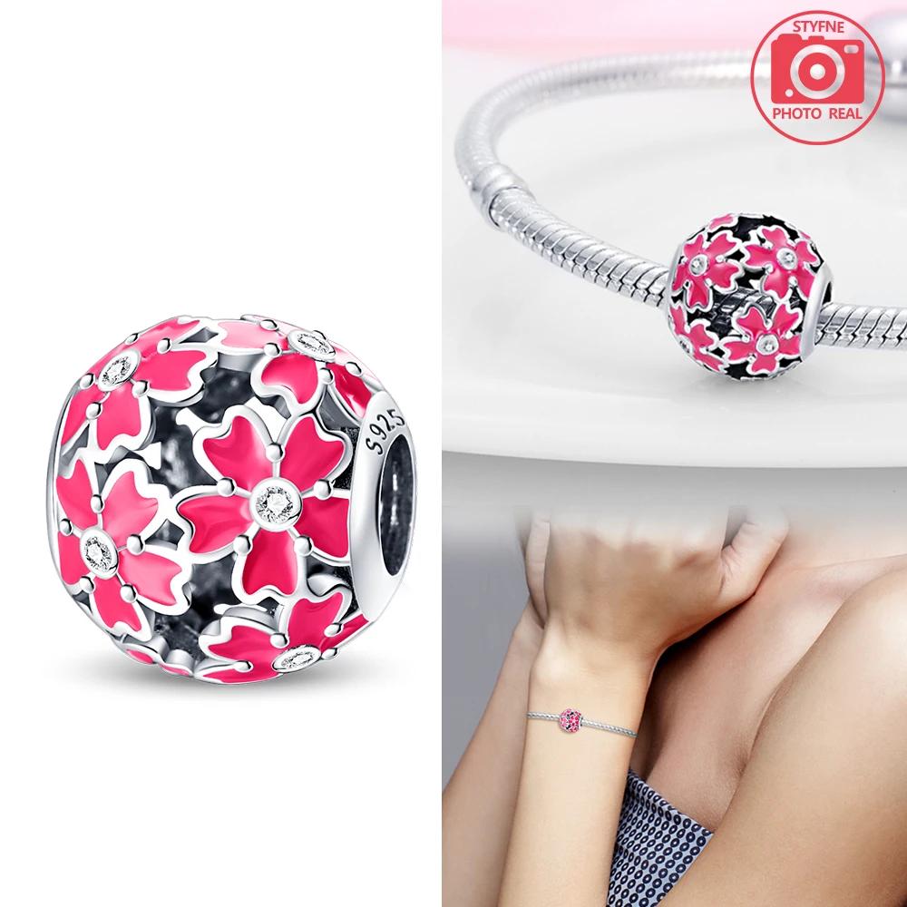 New Copper Colors Pink Small Flowers And Round Beads Fit Copper Colors Original Bracelets Diy Birthday Jewelry Gift