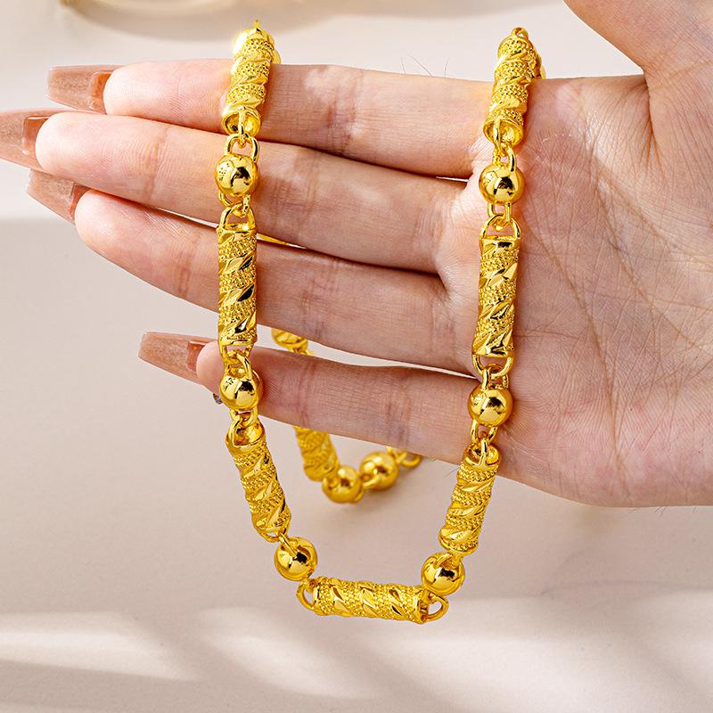 Retro Vietnamese Sand Gold Men's Necklace with Bead and Carved Column Design - Long-lasting Color Retention