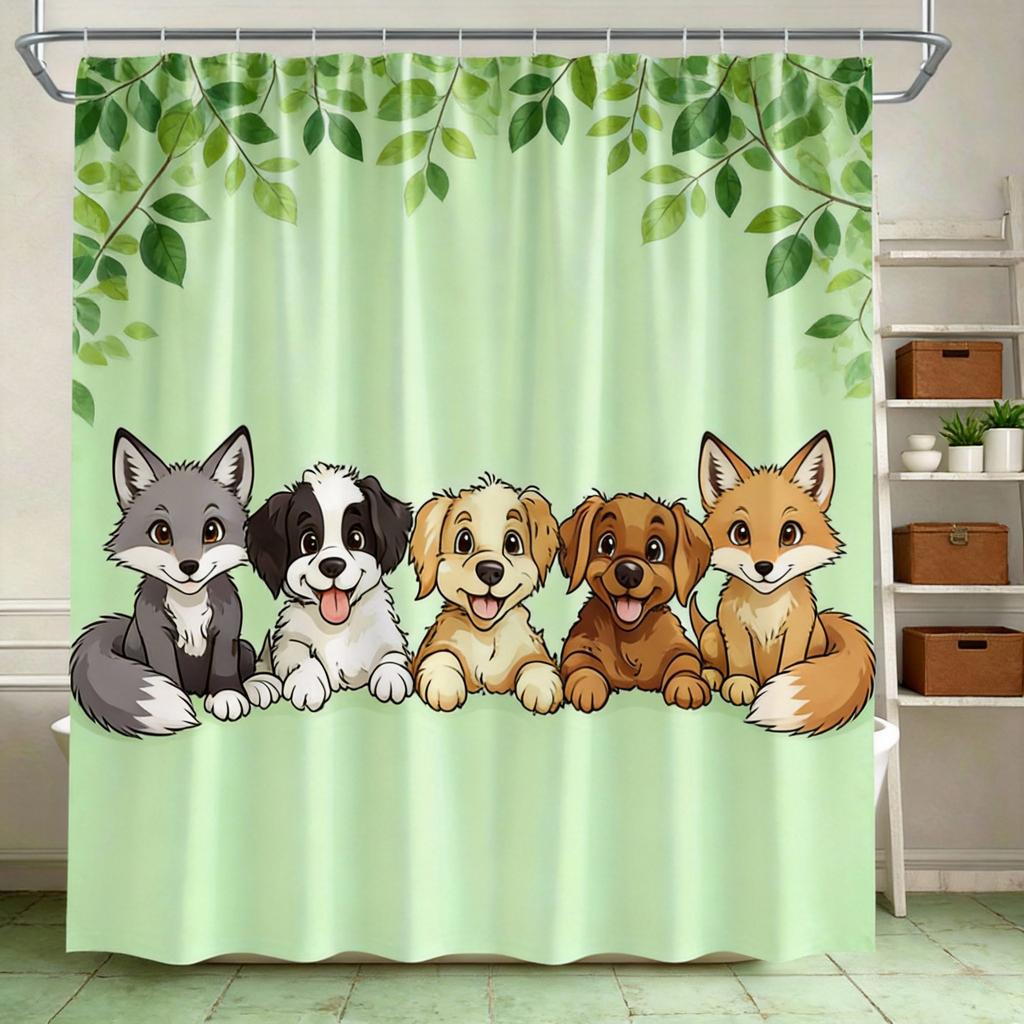 Puppies Shower Curtain 180x180cm – Cute Dogs with Expressive Eyes, Dog Lover Bathroom Decor, 12 Hooks