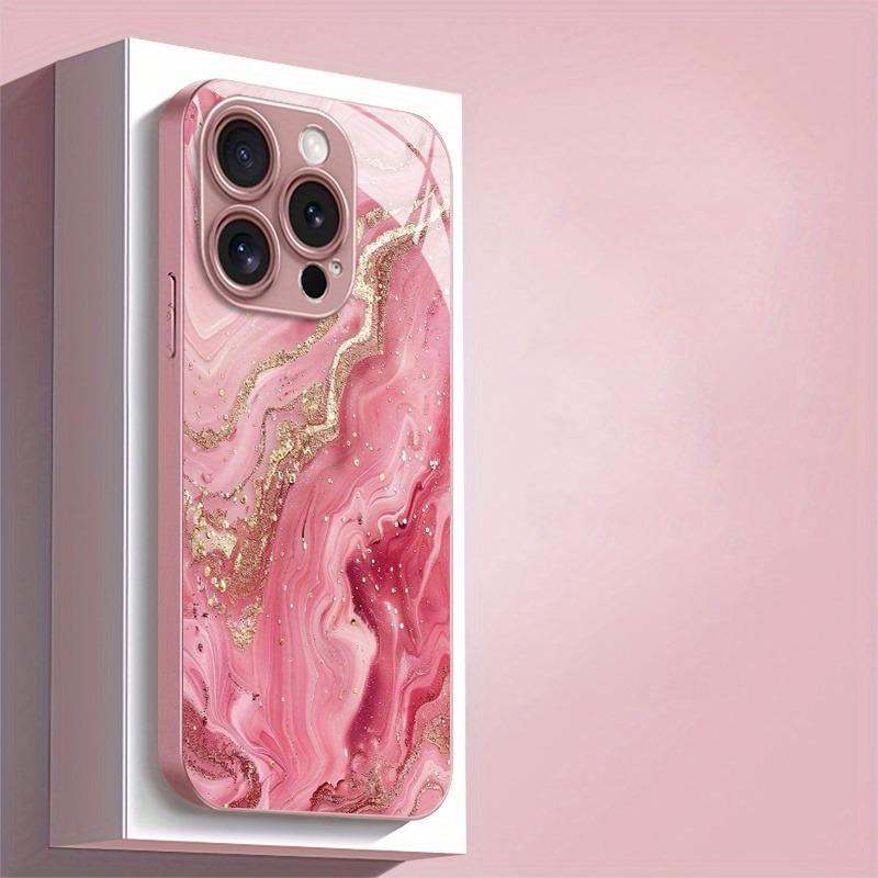 Roze Goud Marmer Metallic Verf Gehard Glas Harde Telefoonhoes Voor iPhone 17 15 16 11 12 13 14 Pro Max Plus 16E 17Air Cover