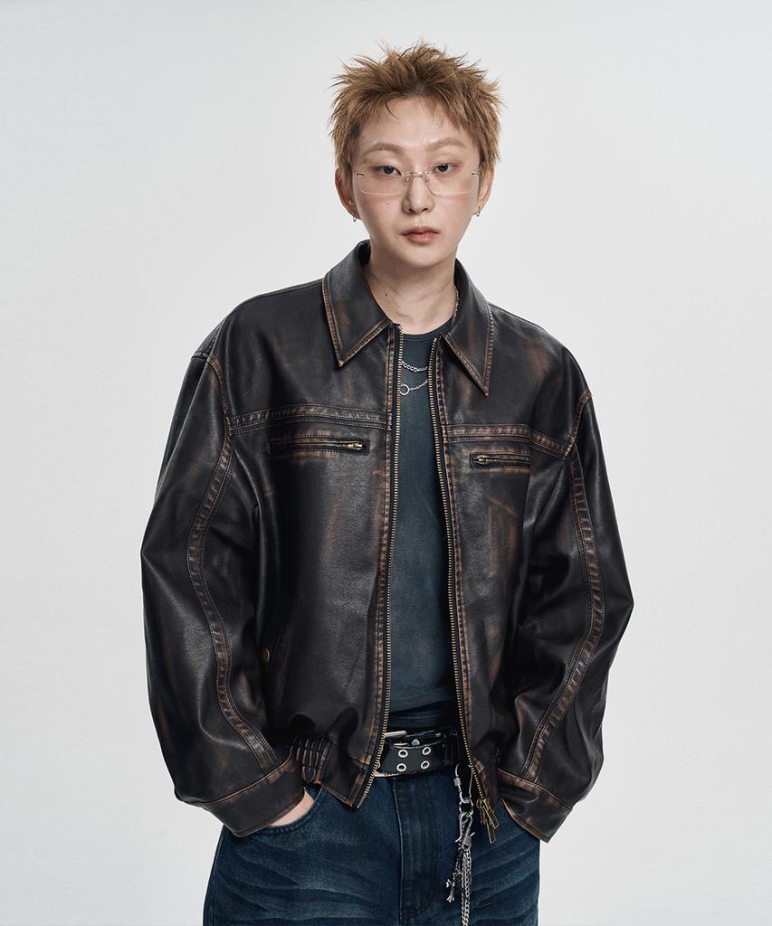 Easy No Easy Washed Synthetic Leather Jacket - Brown
