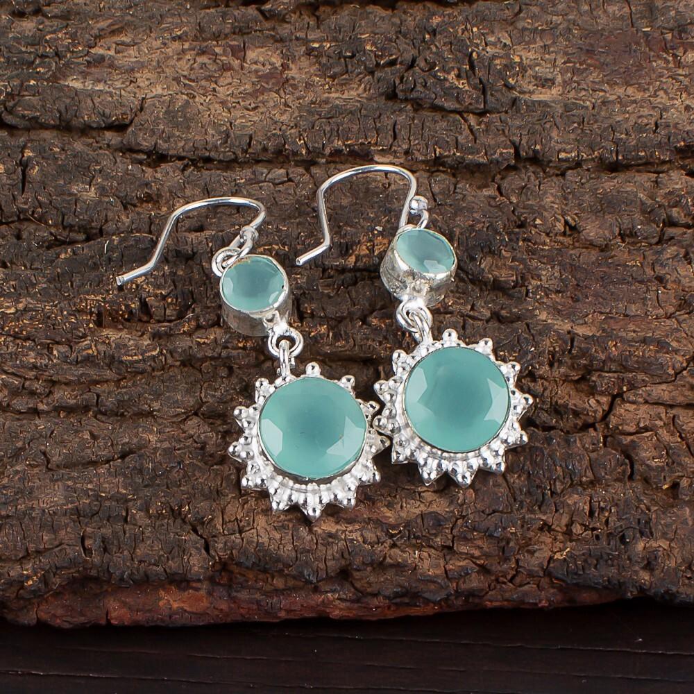 Aqua Chalcedony Gemstone 925 Sterling Silver Jewelry Drop/Dangle Earrings 1.80" EE-13-16