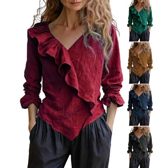 Yousheng Damen Oberteile V-Ausschnitt Langarm Rüschen-Design Einfarbig Pendlerbluse Lockere Passform Arbeit Party Freizeit-Oberteile Alltagskleidung