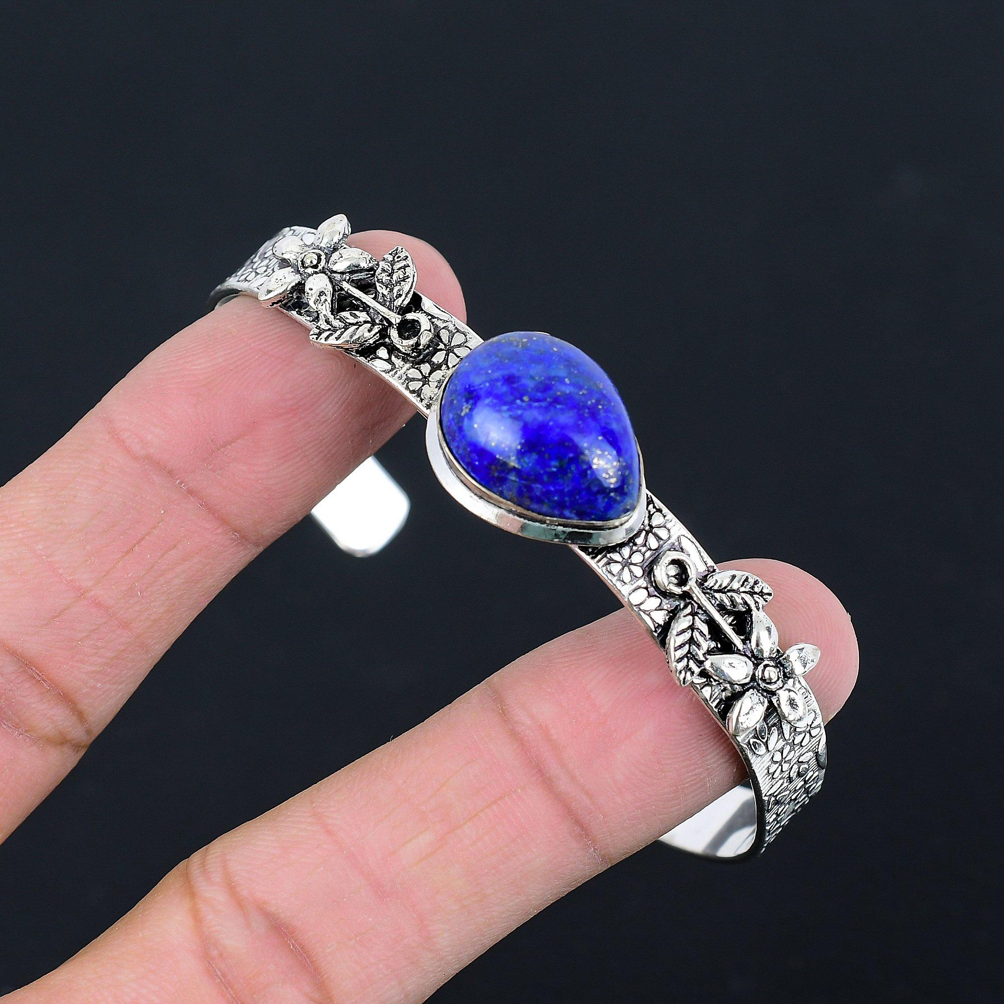 

September Birth Lapis Lazuli Stone Flower Sister Bangle Bracelet Sterling Silver Adjustable