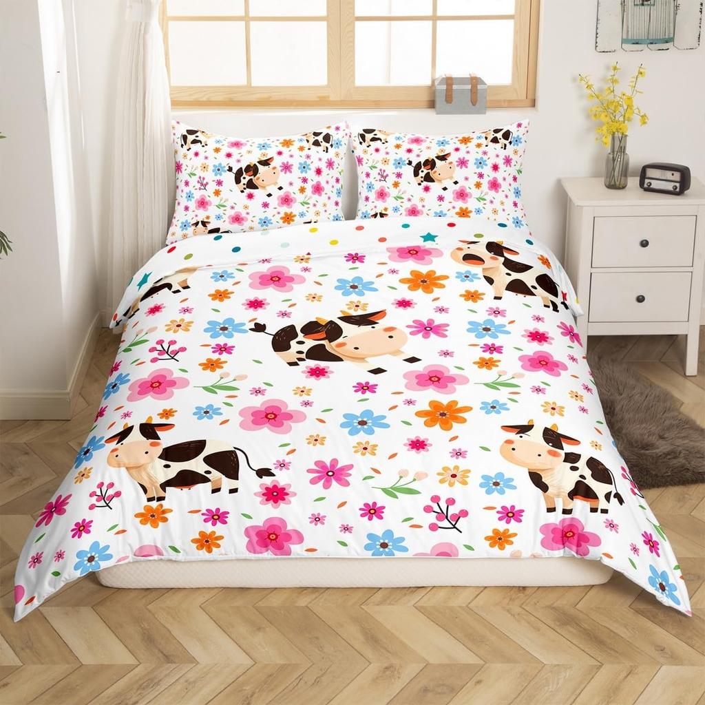 Cartoon Farmhouse Duvet  Cover Set Queen King Size Cute Cow Farm Animal Bedding Set 3 Piece Set with 2 Pillowcases No Quilt
