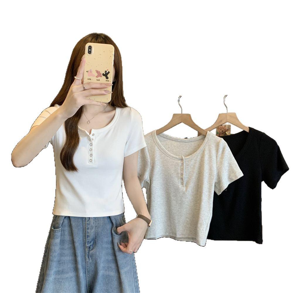 Elegantní dámské letní tričko s krátkým rukávem ve slim fit střihu v korejském stylu