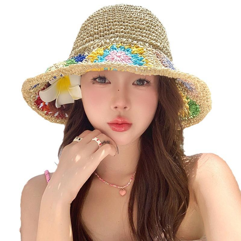 French flower hollow woven straw hat women's summer sunshade sun protection bucket hat seaside beach vacation sun hat