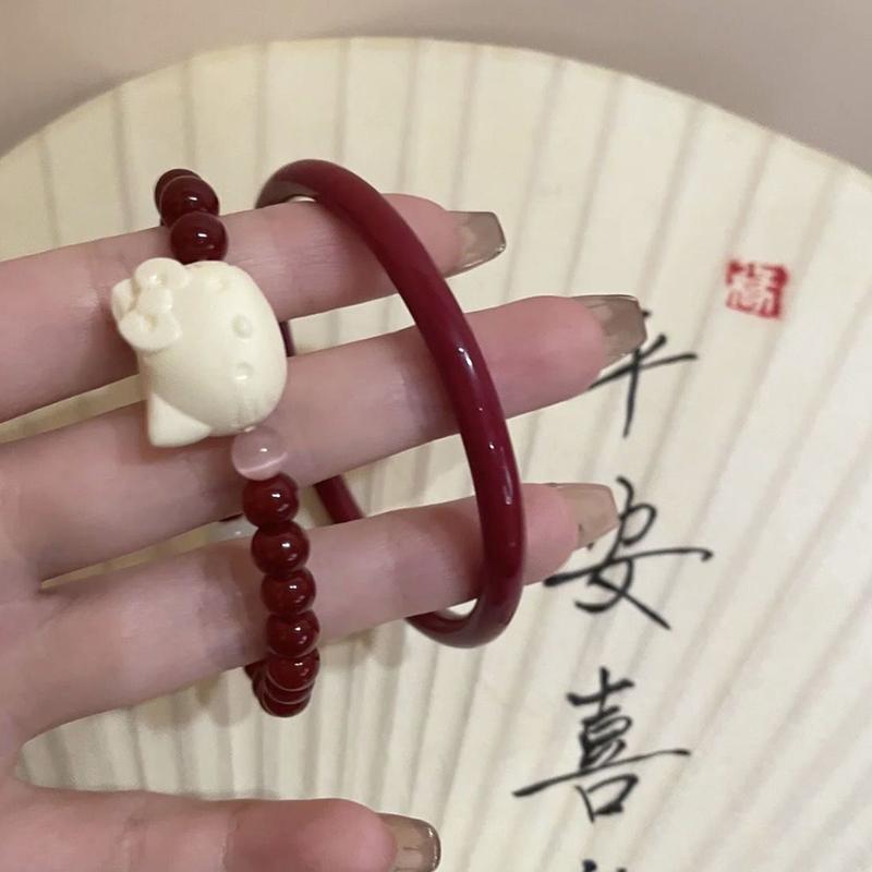 Chinese Style Cartoon Cinnabar Beaded Bracelet Kawaii Vintage Stacked Beaded Bracelet Bangle Holiday Gift