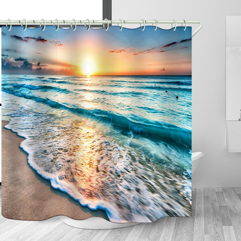 Bathroom Uses Beach Sunset 3D Shower Curtains, Luxurious Bathtub Standard Shower Curtains, Waterproof And Bright Fabric Shower C
