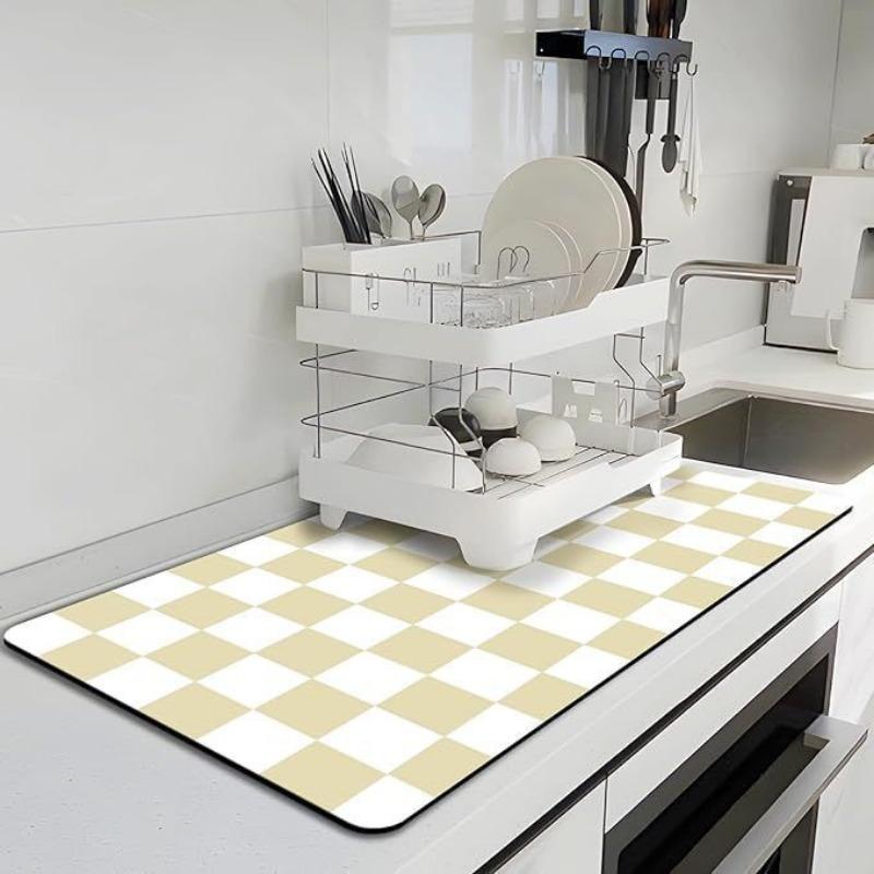 Checkered Print Kitchen Rugs Dish Drying Mat Absorbent Drain Pad Kitchen Carpet Coffee Dish Drainer Draining Mat Tablemat Beauty