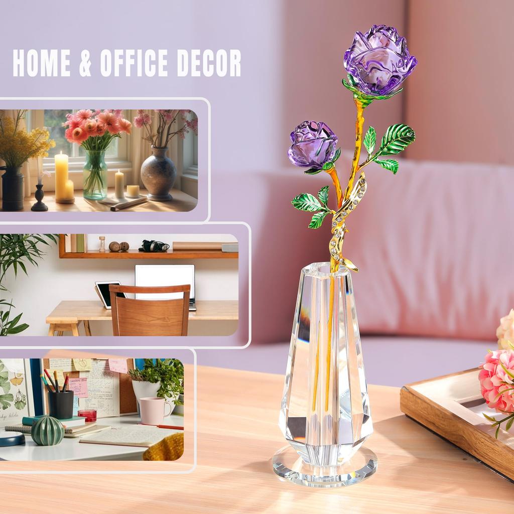 K9 Crystal Purple Rose Figurine for Purple Rose In a Romantic or Day Gift for Her or Friends Women, Never-Withering Vase, Birthday, Valentine's Day,