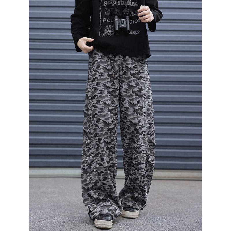 American Retro Camouflage Casual Pants for Men, Spring High Street Wide-Leg Scimitar Pants, Trendy Brand Pleated Drape Floor-Length Pants