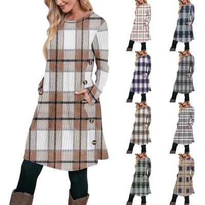 Vestido Túnica Casual de Manga Larga para Mujer con Bolsillos Vestido con Botones Laterales