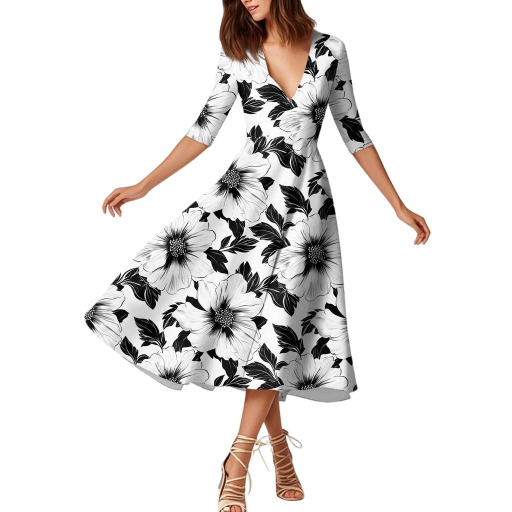 Módní šaty střední délky s rukávy do půli paže, květinovým potiskem a sexy výstřihem do V
