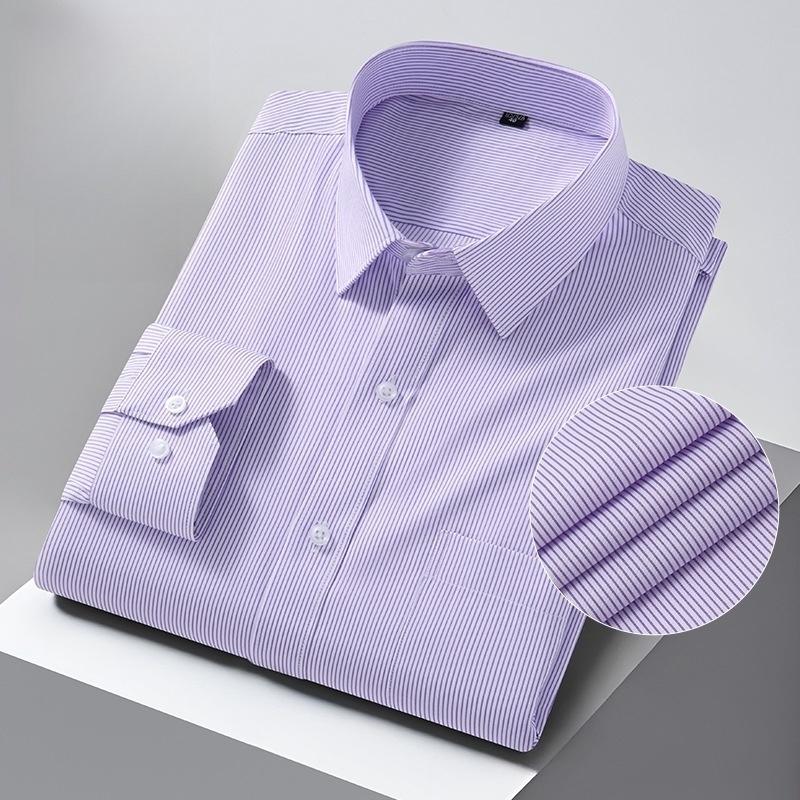 Men Formal Shirt Long Sleeve Office Solid Color Striped Anti-Wrinkle Fashion Business Pocket White Social Shirt Men's Clothing
