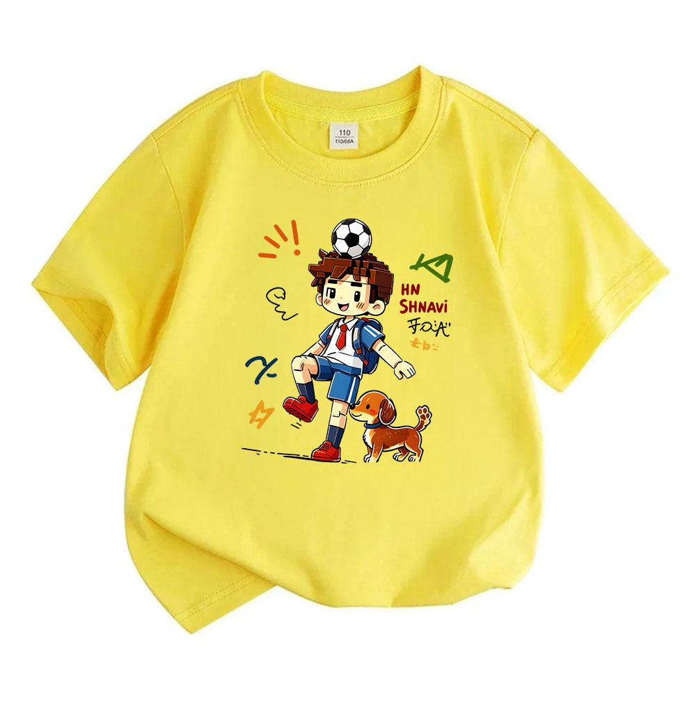 Cute Block Style Boy Soccer Dog Print Kids T Shirt 100% Cotton Casual Crew Neck Short Sleeve Tees for Boys Girls Soft Breathable Daily Wear Tops