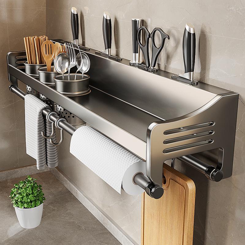 Wall-Mounted Stainless Steel Kitchen Storage Rack for Seasonings, Chopsticks, and Knives