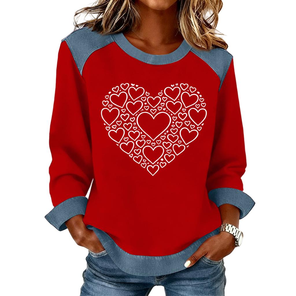 Women Denim Collar Patchwork Stitching Sweatshirt Casual  Pullover Long Sleeve Shirts