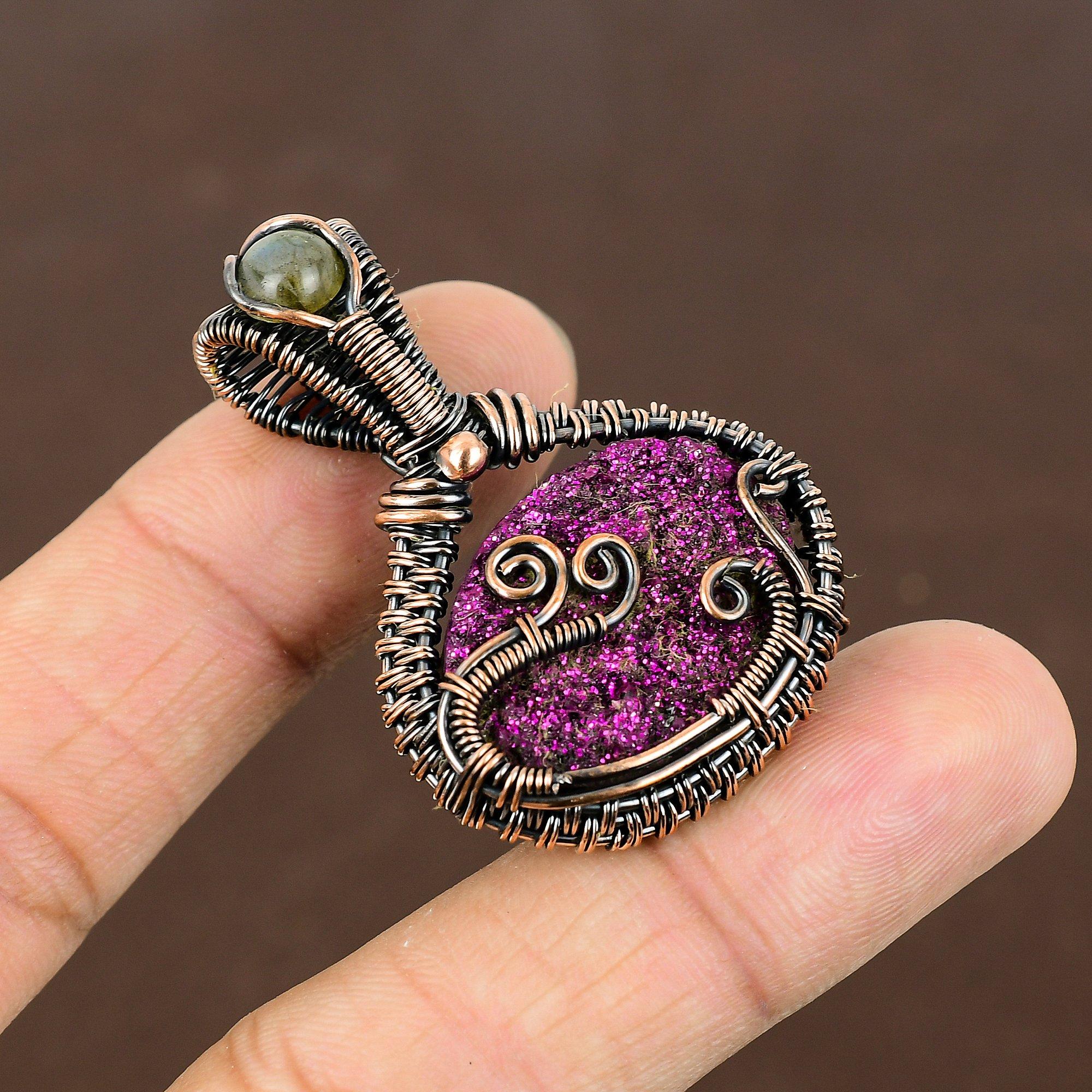 

Titanium Druzy,Labradorite Handmade Copper Wire Wrap Pendant 1.77 a5w29