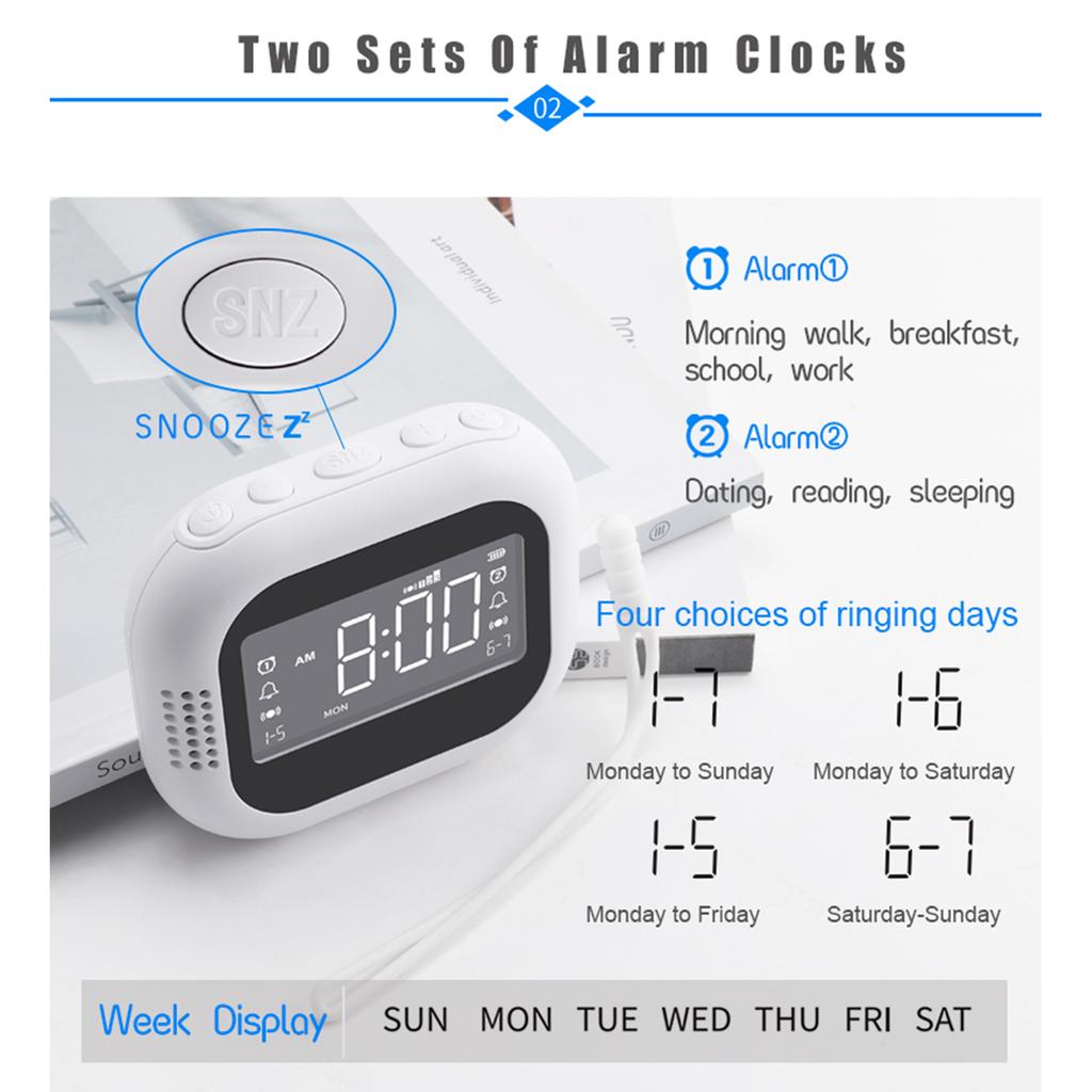 Vibrating Alarm Clock with FM Radio and Rechargeable 1800mAh Battery, for Heavy Sleepers, Elderly,