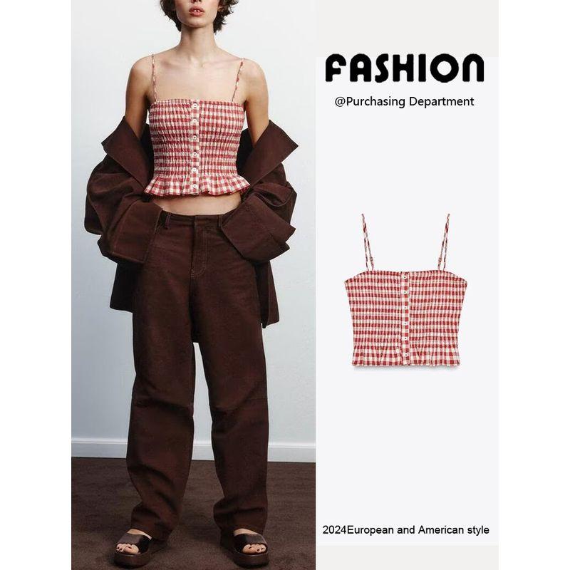 Za2025 Spring New Women's Clothing Sexy Backless Slim-Fit Figure Flattering Gingham Sling Short Top 4661078 061