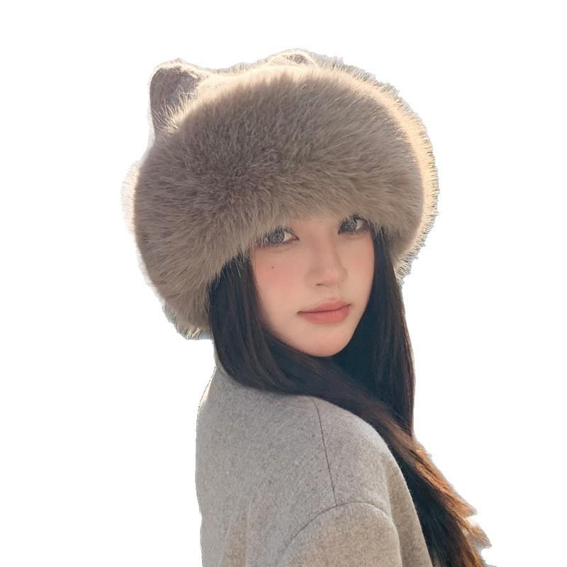 Rabbit Fur Knitted Hat Women'S Winter Cold-Proof And Warm Basin Hat Imitation Mink Ear Protection Cute Cat Ear Thickened Plush Mongolian Hat
