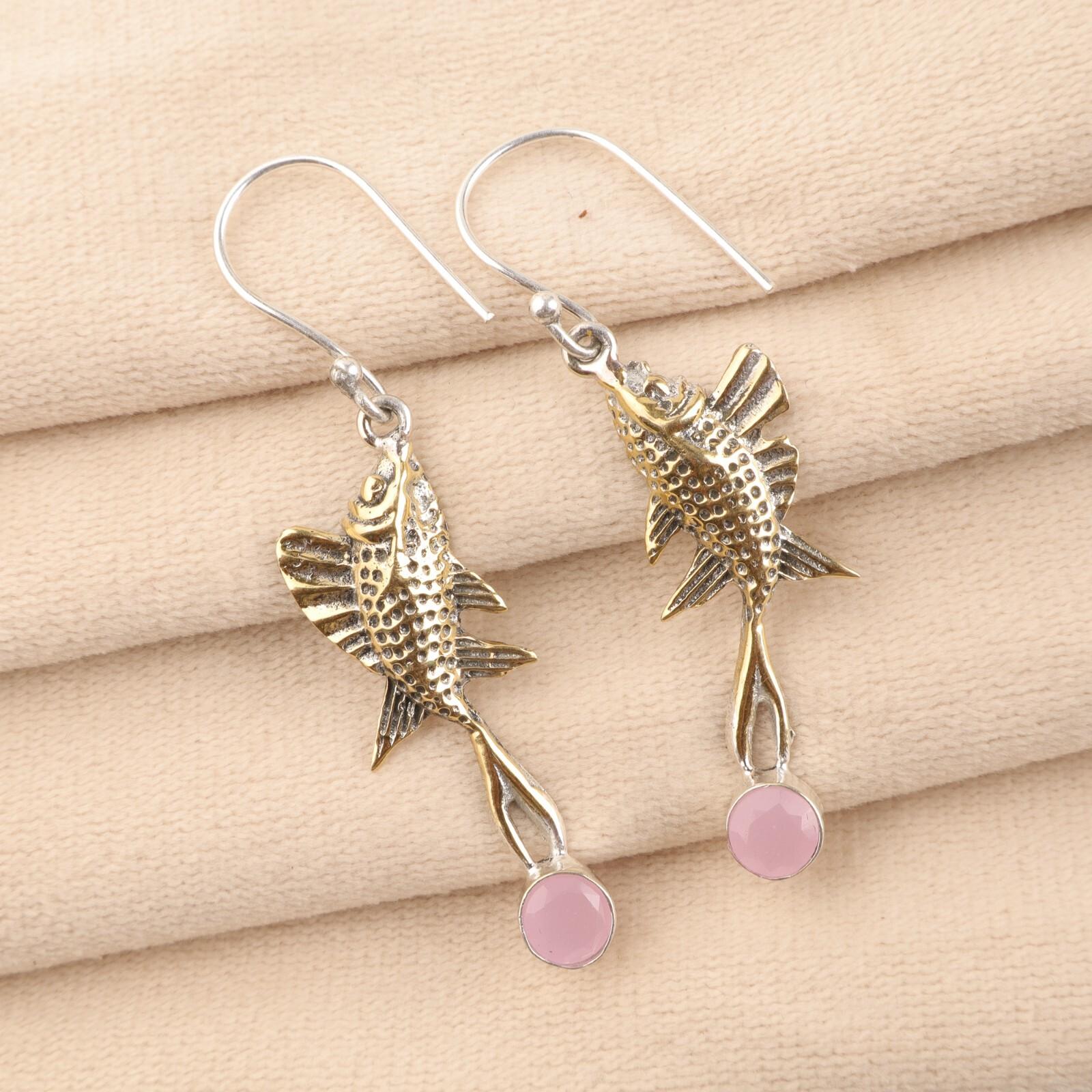 

Rose Chalcedony Gemstone 925Sterling Silver Jewelry Handmade Boho Earrings 2.17 EE-148-6