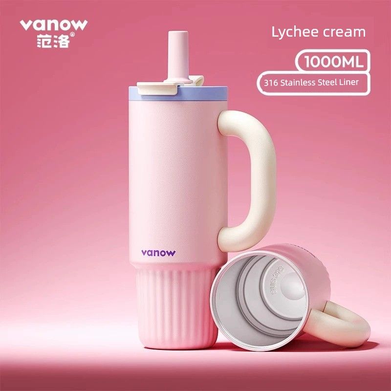 

British Vanow Large-Capacity Thermos Cup for Men and Women, Simple Solid Color Ceramic Inner Tube, Straw, Ice Cup Lychee Cream [316 Stainless Steel Liner]|1,000 ml